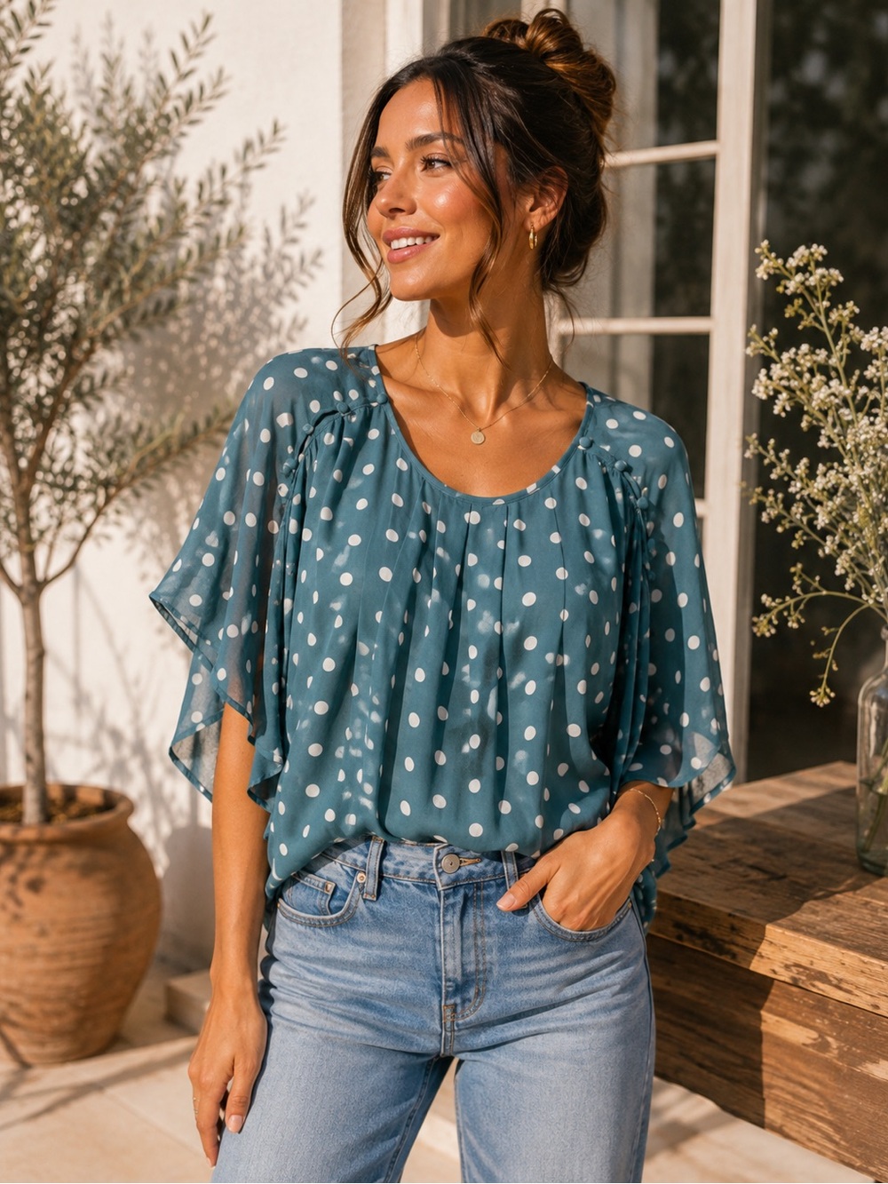 Maeve Anthropologie Braxton Polka Dot Flutter Sleeve Blouse